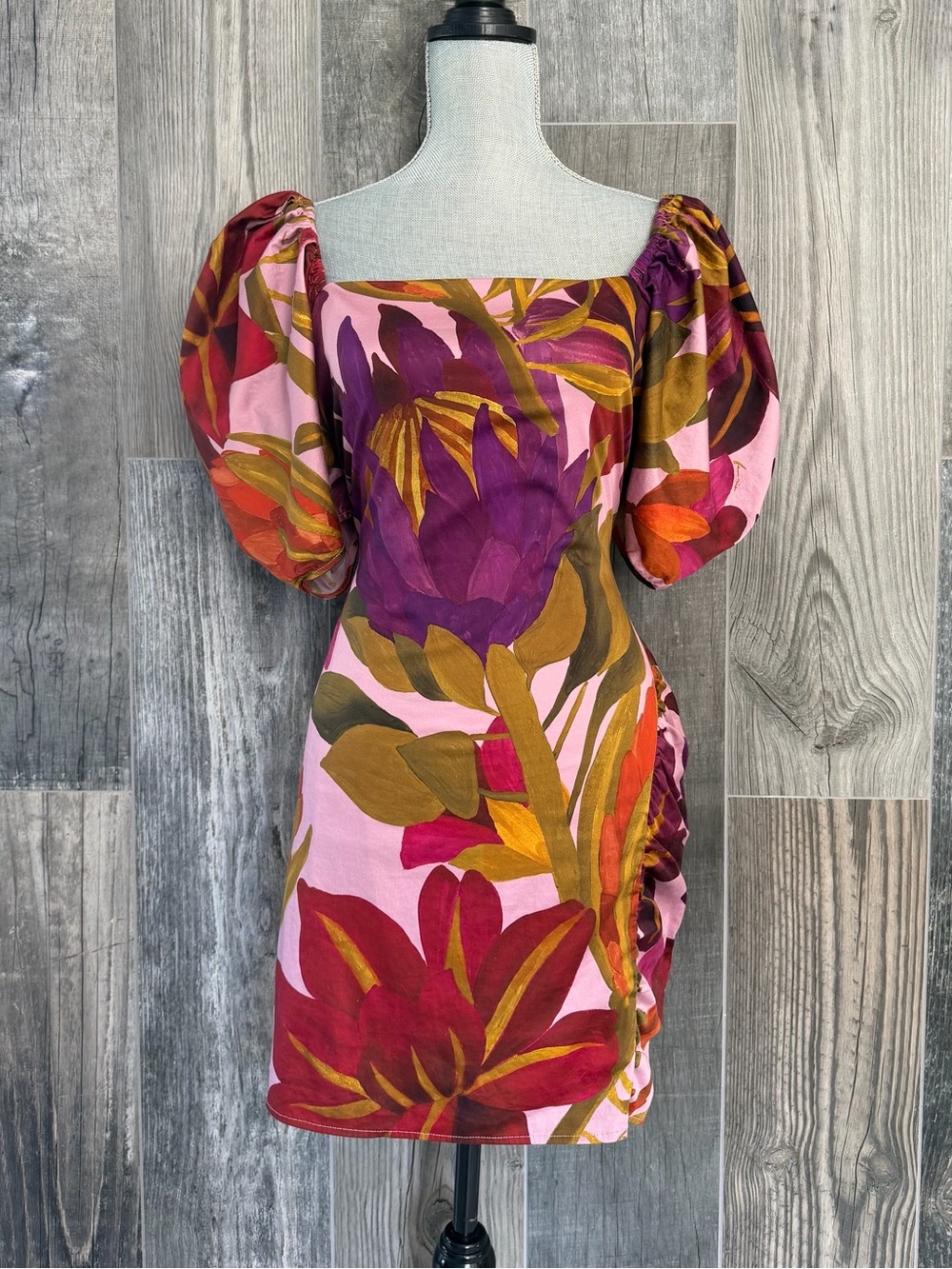 Farm Rio Puff-Sleeve Square-Neck Slim Mini Dress